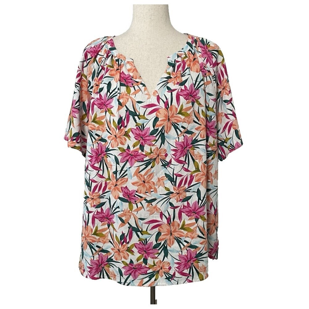 Jessica Simpson Women's Tropical Floral Linen Blend Blouse Plus Size 2X Colorful